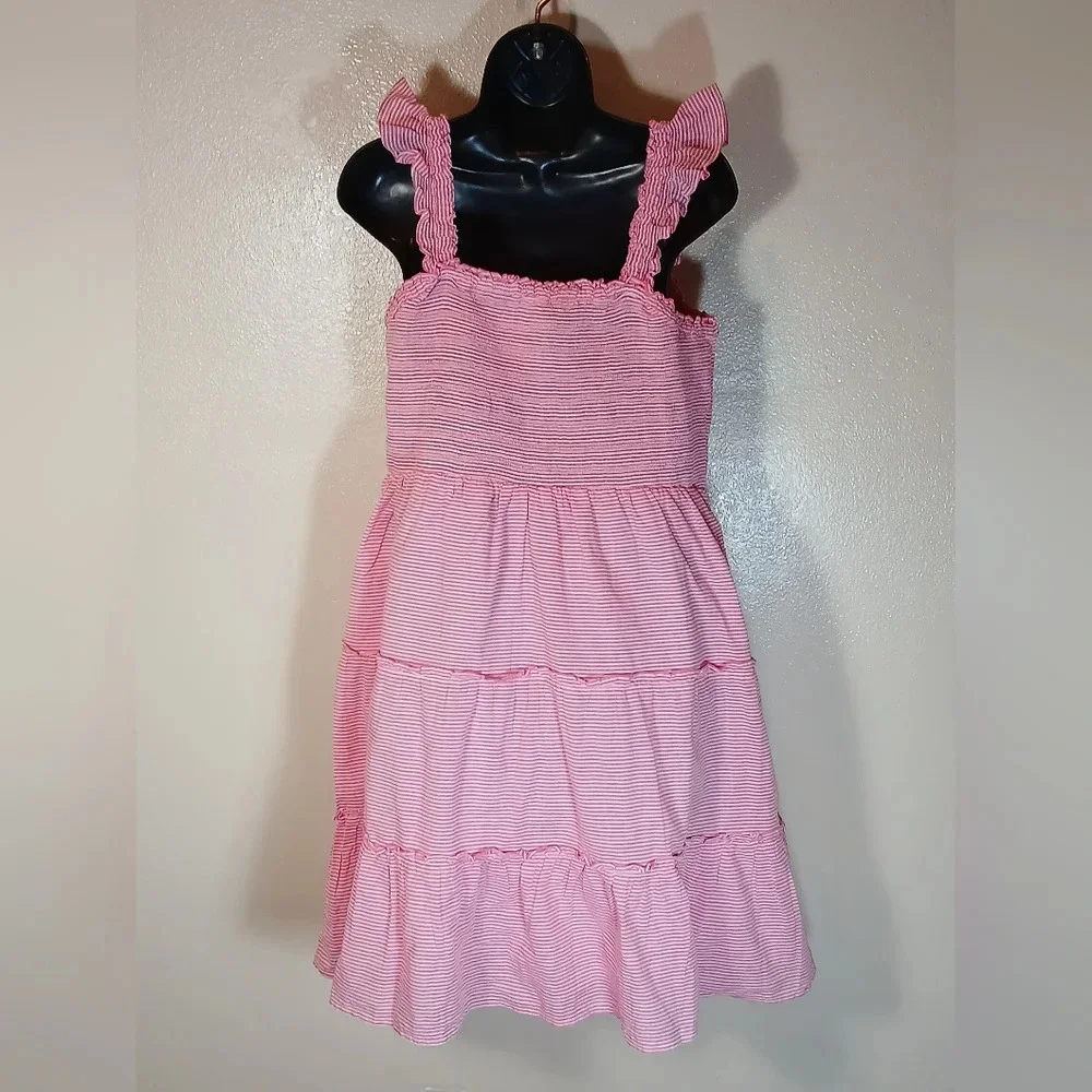 J Crew Striped smocked tiered mini dress in pink/white size Large - Picture 4 of 13